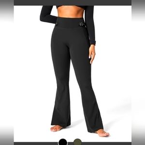 HIGH WAISTED ADJUSTABLE BUCKLES SPLIT HEM YOGA WOMENS FLARE PANTS BY HALARA MED.